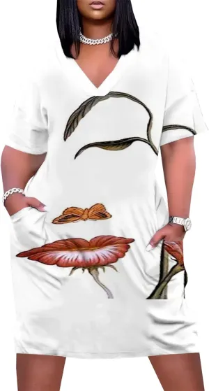 Plus Size Dresses for Curvy Women with Pockets V Neck Short Sleeve T Shirt Midi Dress A Line Beach Holiday Dress