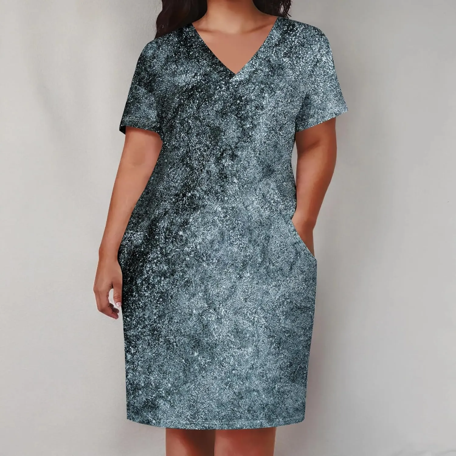 Plus Size Dresses for Curvy Women with Pockets V Neck Short Sleeve T Shirt Midi Dress A Line Beach Holiday Dress