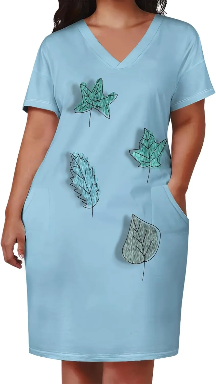 Plus Size Dresses for Curvy Women with Pockets V Neck Short Sleeve T Shirt Midi Dress A Line Beach Holiday Dress