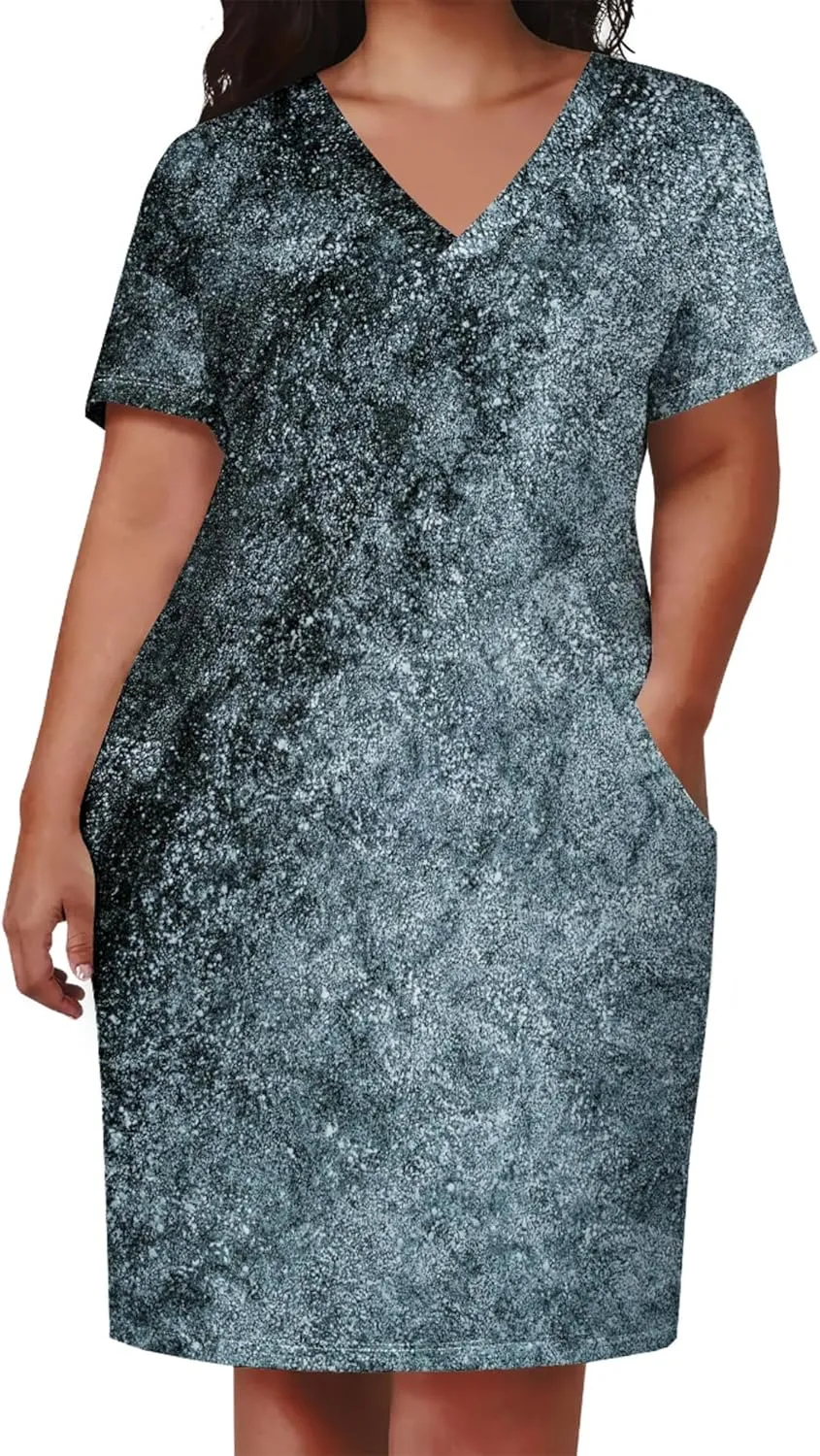 Plus Size Dresses for Curvy Women with Pockets V Neck Short Sleeve T Shirt Midi Dress A Line Beach Holiday Dress