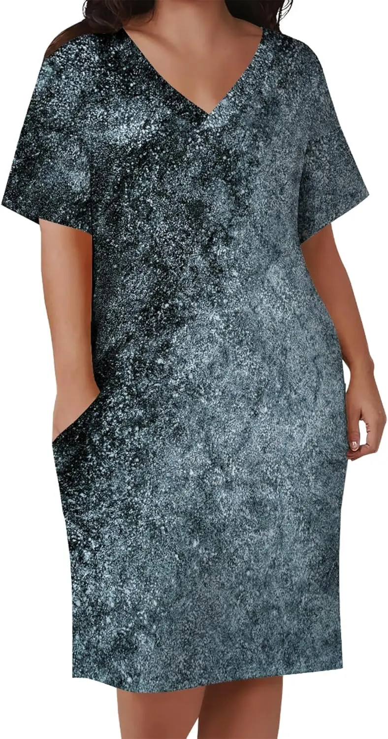 Plus Size Dresses for Curvy Women with Pockets V Neck Short Sleeve T Shirt Midi Dress A Line Beach Holiday Dress