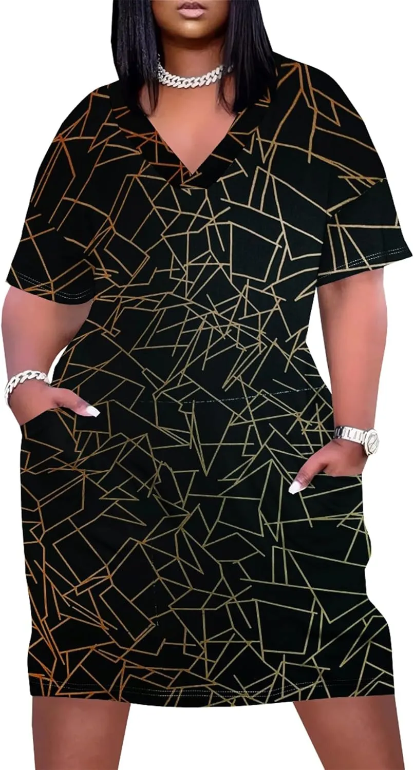 Plus Size Dresses for Curvy Women with Pockets V Neck Short Sleeve T Shirt Midi Dress A Line Beach Holiday Dress