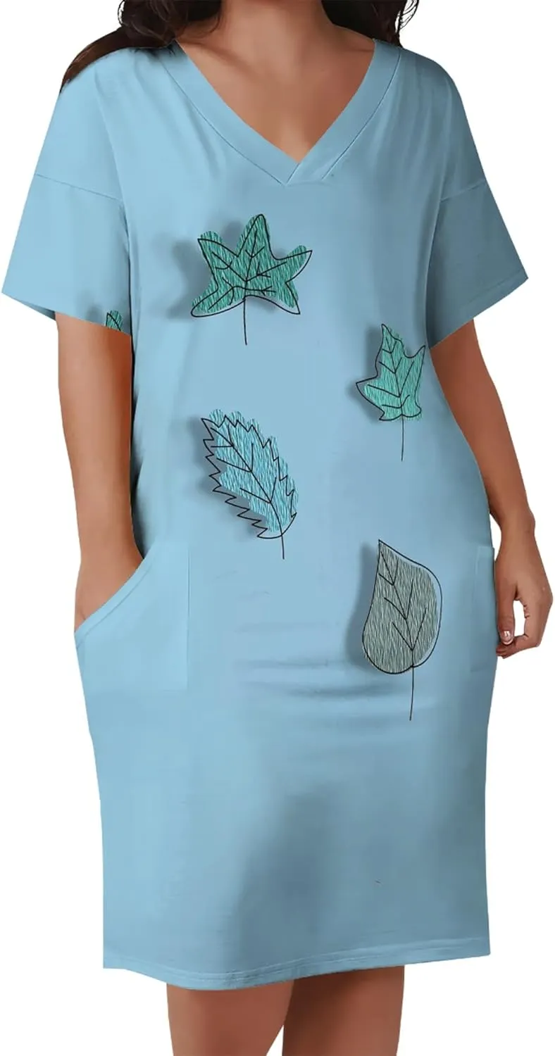 Plus Size Dresses for Curvy Women with Pockets V Neck Short Sleeve T Shirt Midi Dress A Line Beach Holiday Dress