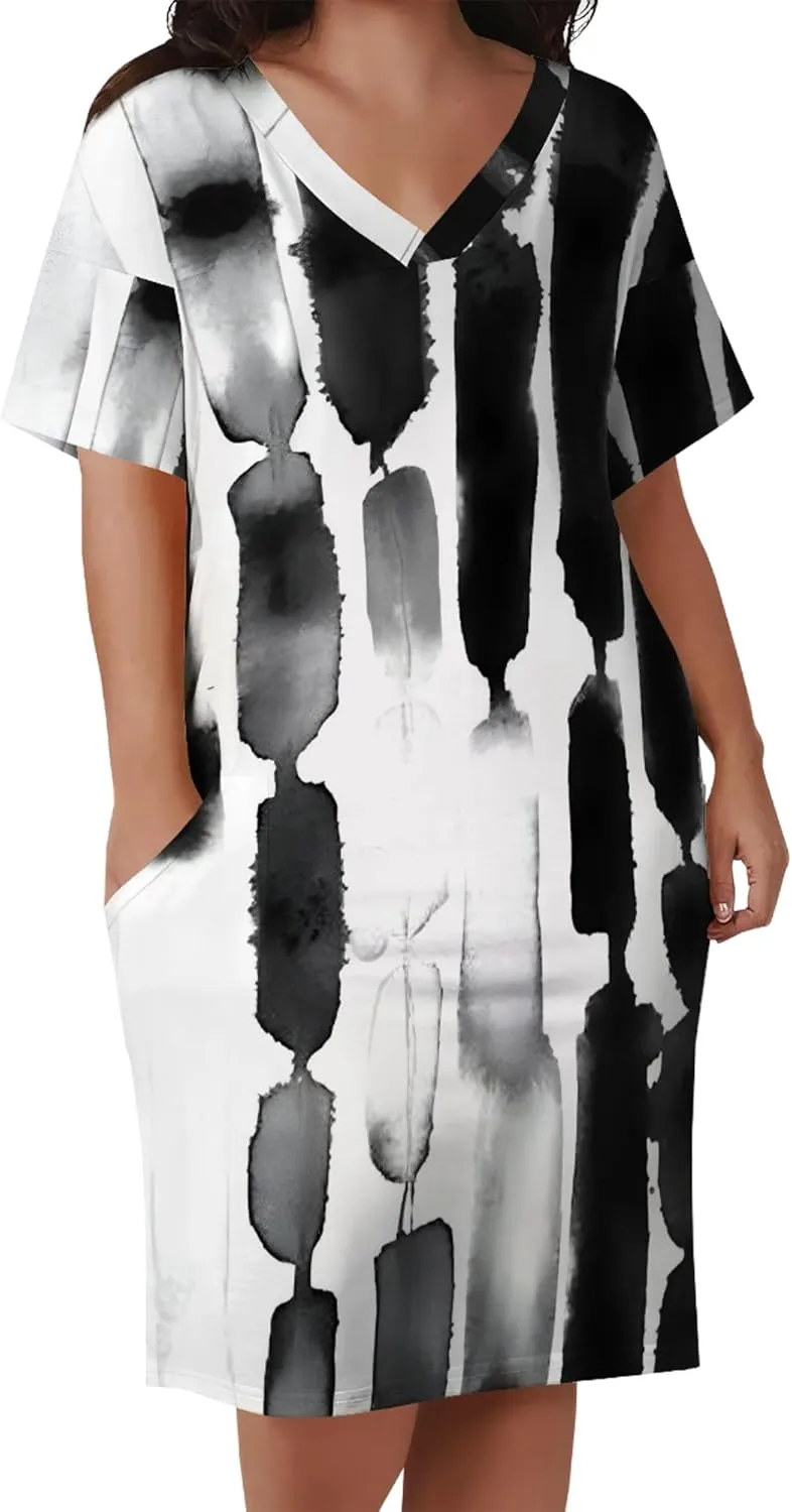 Plus Size Dresses for Curvy Women with Pockets V Neck Short Sleeve T Shirt Midi Dress A Line Beach Holiday Dress