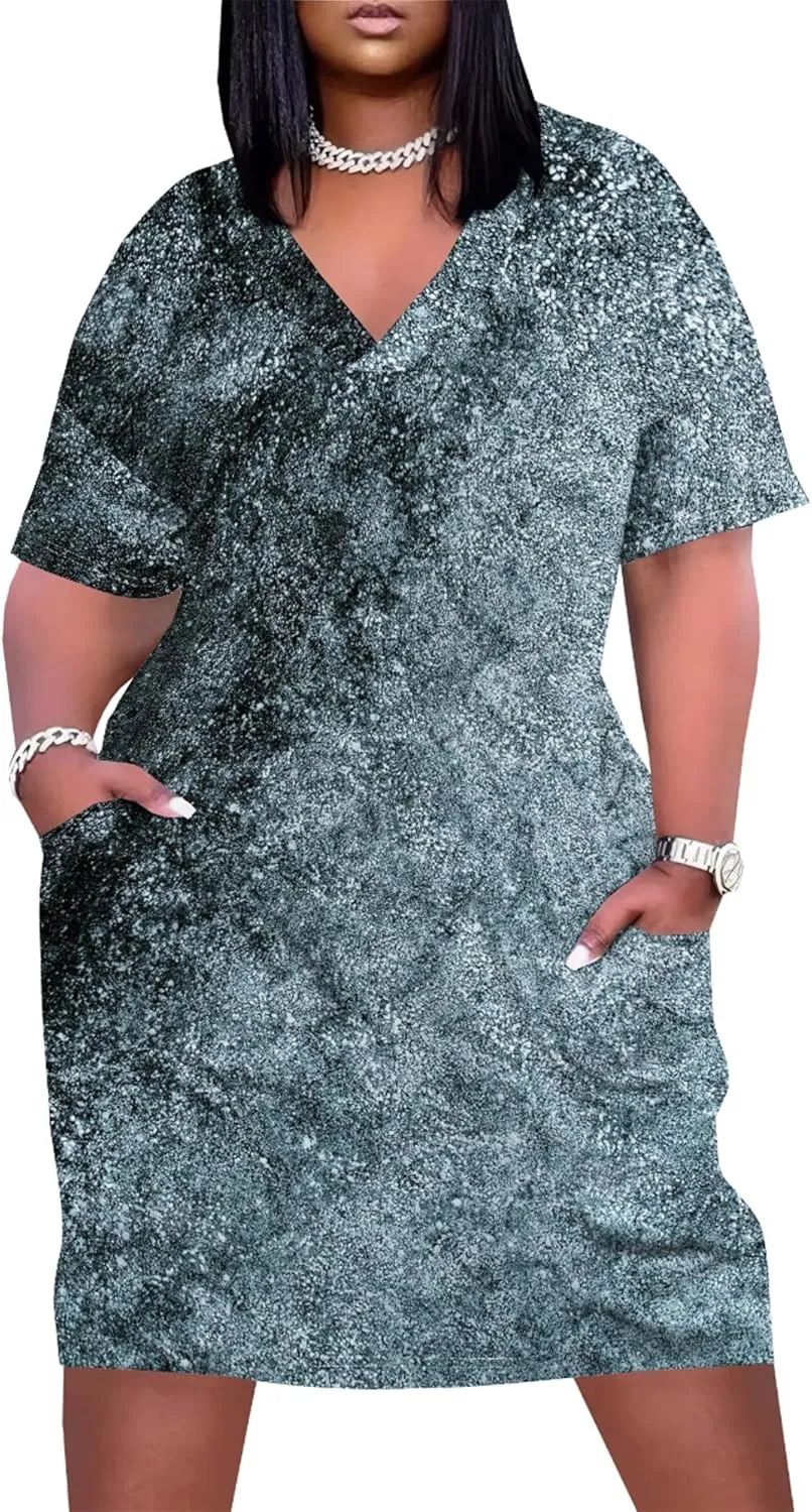 Plus Size Dresses for Curvy Women with Pockets V Neck Short Sleeve T Shirt Midi Dress A Line Beach Holiday Dress