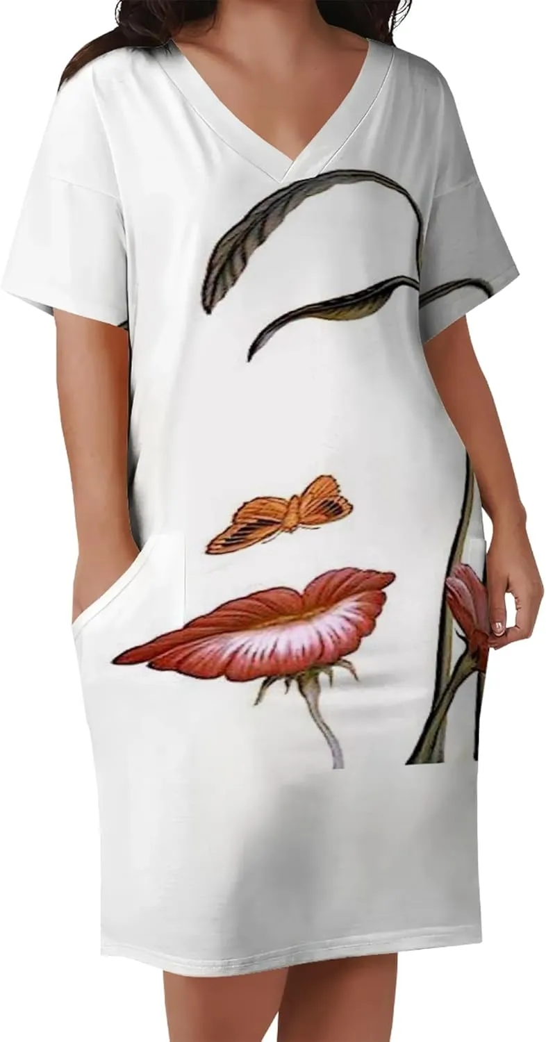 Plus Size Dresses for Curvy Women with Pockets V Neck Short Sleeve T Shirt Midi Dress A Line Beach Holiday Dress