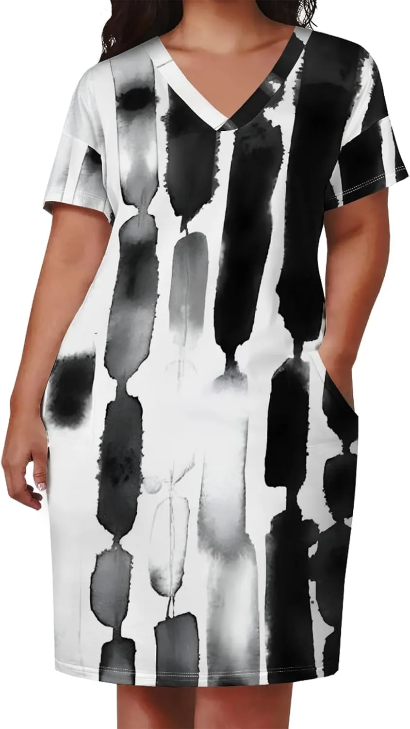 Plus Size Dresses for Curvy Women with Pockets V Neck Short Sleeve T Shirt Midi Dress A Line Beach Holiday Dress
