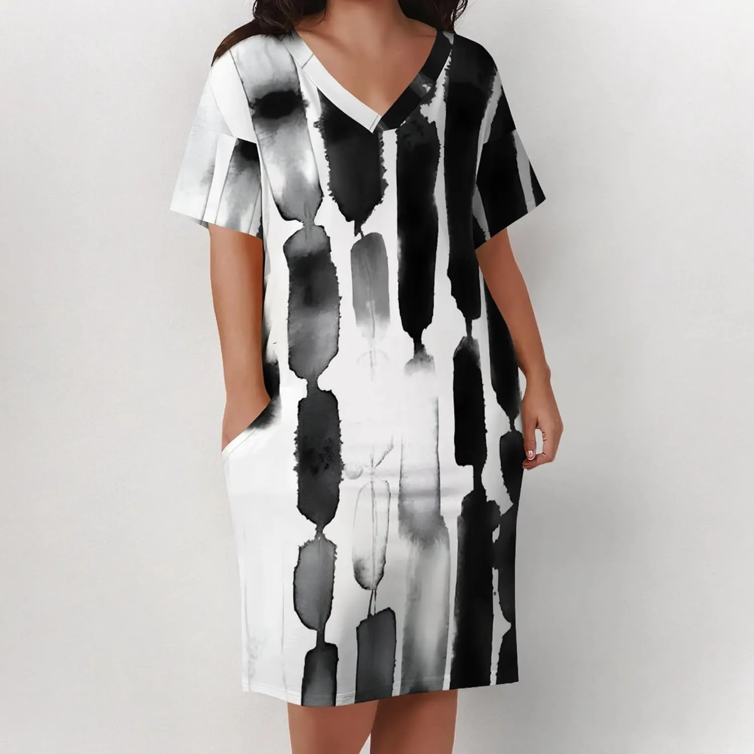 Plus Size Dresses for Curvy Women with Pockets V Neck Short Sleeve T Shirt Midi Dress A Line Beach Holiday Dress