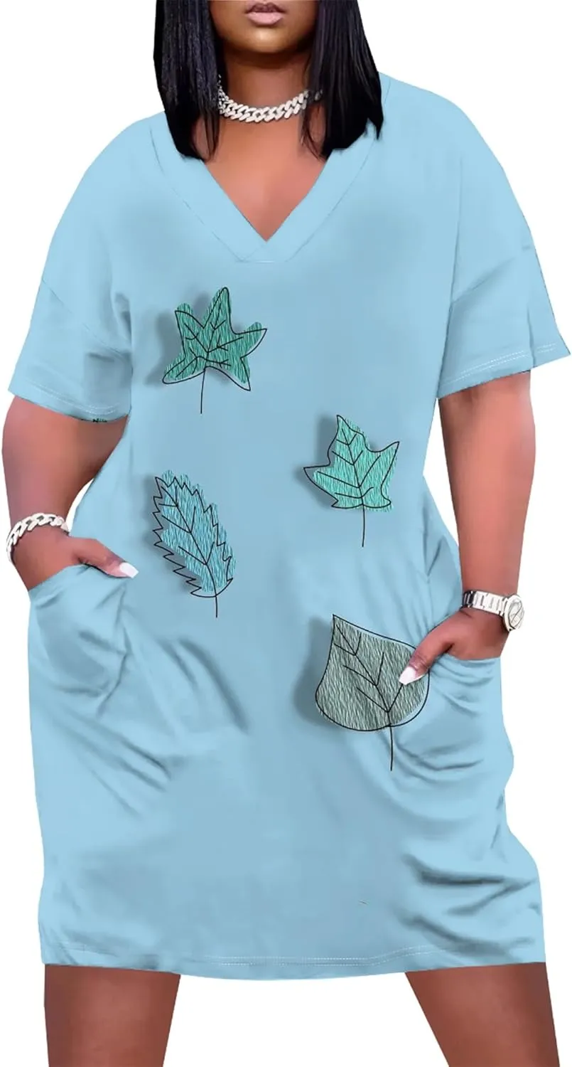Plus Size Dresses for Curvy Women with Pockets V Neck Short Sleeve T Shirt Midi Dress A Line Beach Holiday Dress