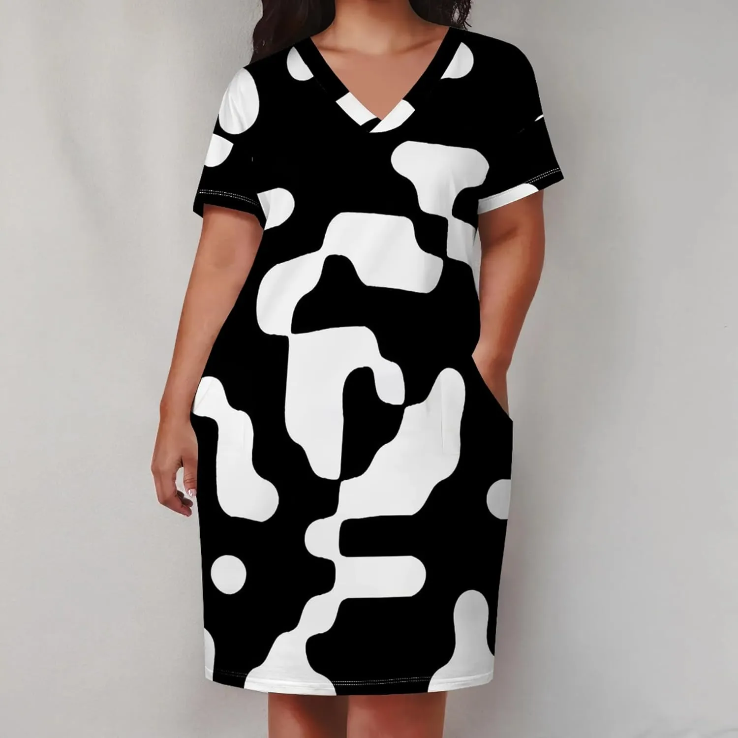 Plus Size Dresses for Curvy Women with Pockets V Neck Short Sleeve T Shirt Midi Dress A Line Beach Holiday Dress