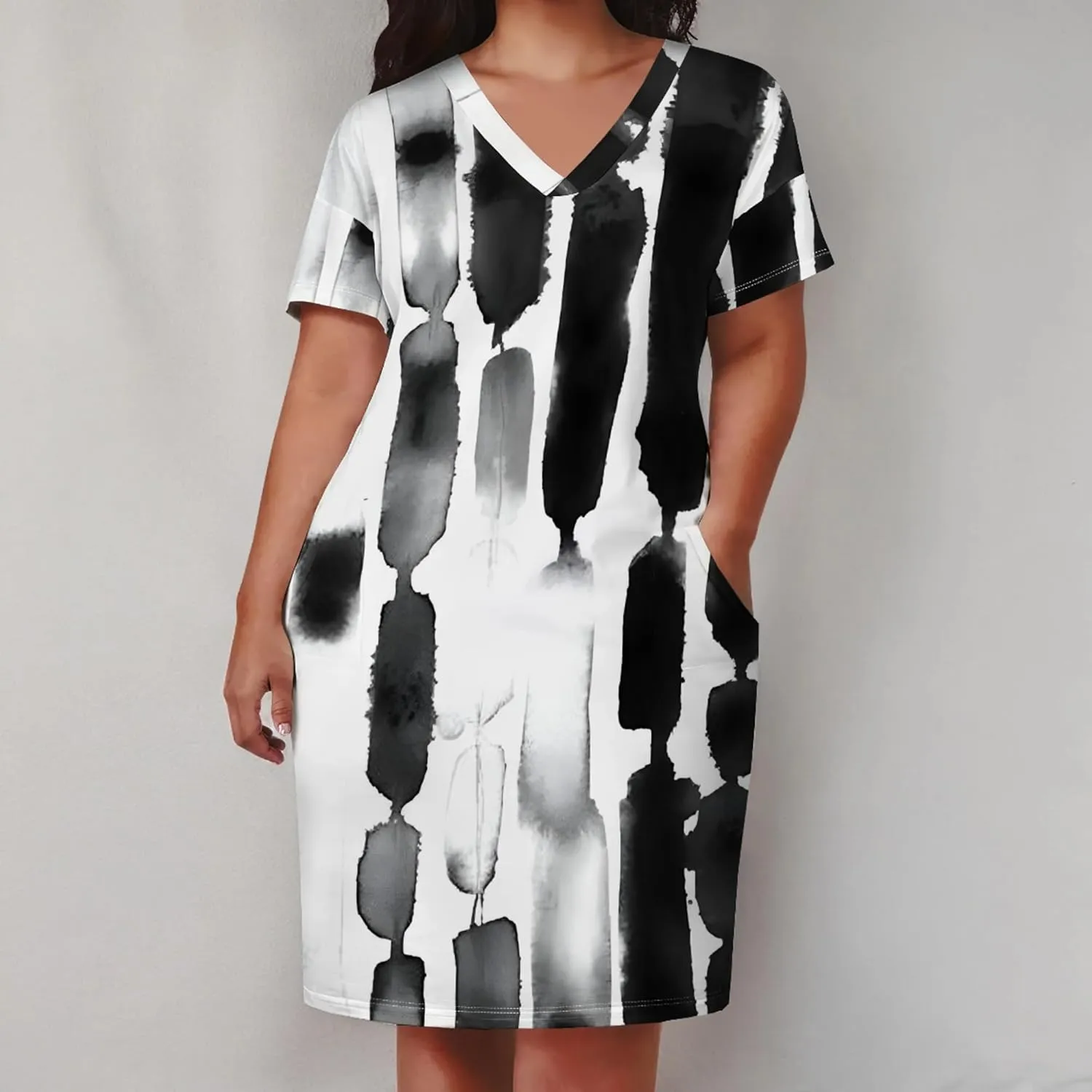 Plus Size Dresses for Curvy Women with Pockets V Neck Short Sleeve T Shirt Midi Dress A Line Beach Holiday Dress