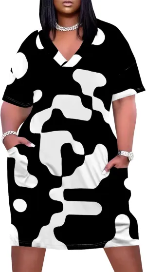 Plus Size Dresses for Curvy Women with Pockets V Neck Short Sleeve T Shirt Midi Dress A Line Beach Holiday Dress
