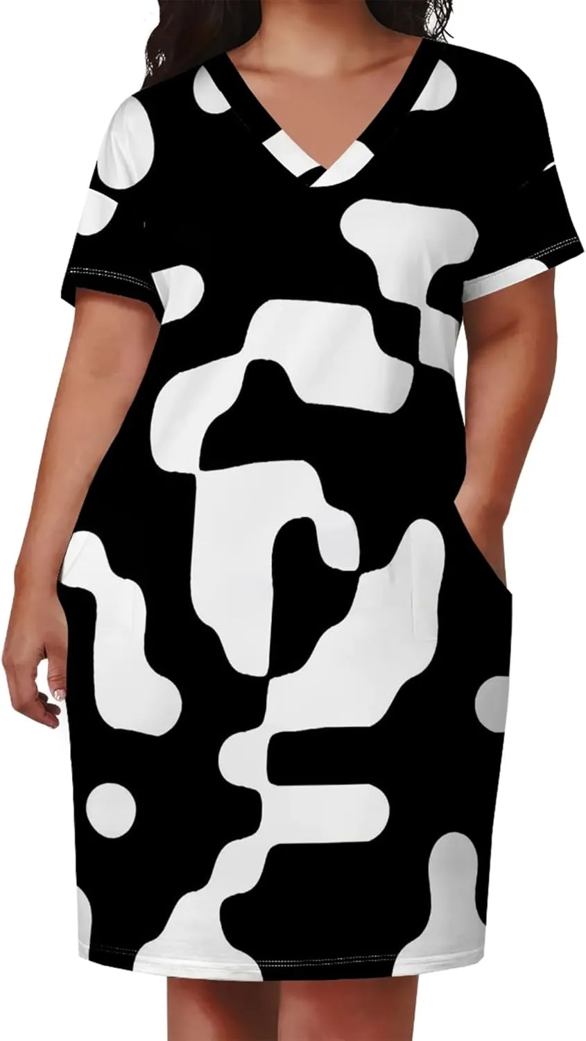 Plus Size Dresses for Curvy Women with Pockets V Neck Short Sleeve T Shirt Midi Dress A Line Beach Holiday Dress