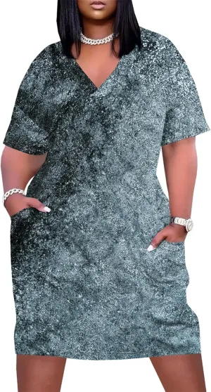 Plus Size Dresses for Curvy Women with Pockets V Neck Short Sleeve T Shirt Midi Dress A Line Beach Holiday Dress