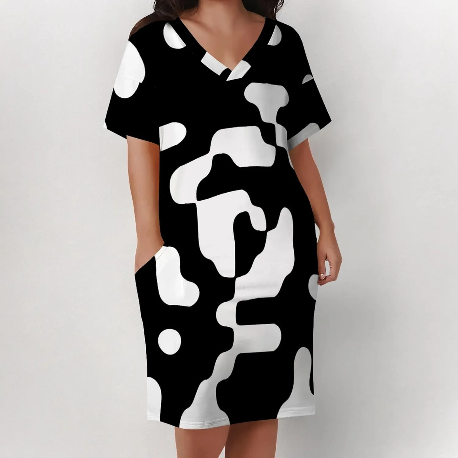 Plus Size Dresses for Curvy Women with Pockets V Neck Short Sleeve T Shirt Midi Dress A Line Beach Holiday Dress