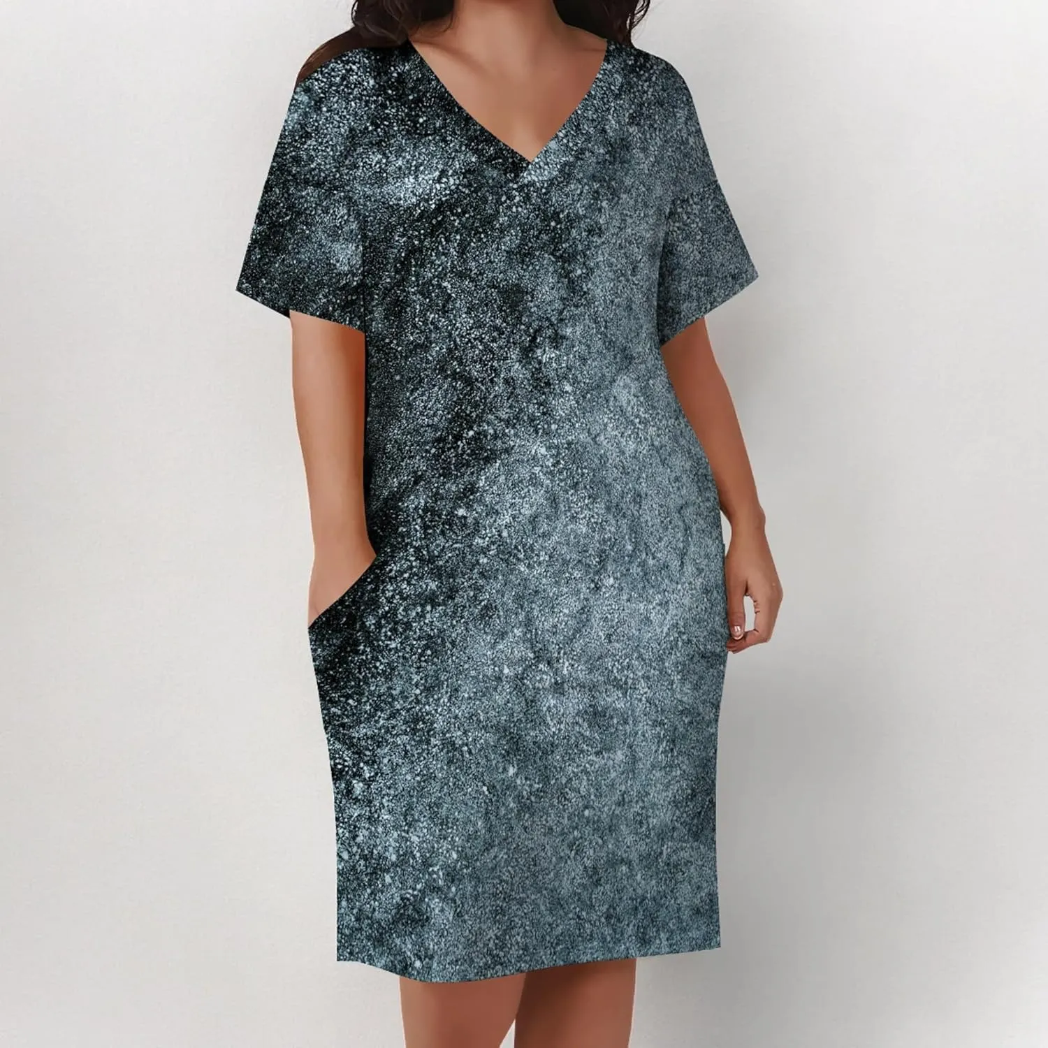 Plus Size Dresses for Curvy Women with Pockets V Neck Short Sleeve T Shirt Midi Dress A Line Beach Holiday Dress