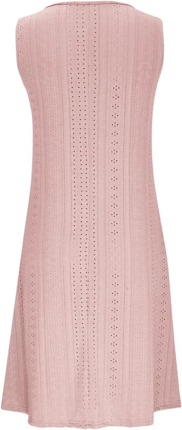 Plus Size Eyelet Dresses for Women Casual Loose Fit Summer Sleeveless v Neck Pleated Flowy Summer Midi Dress