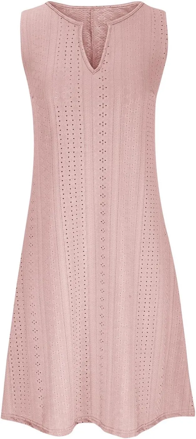 Plus Size Eyelet Dresses for Women Casual Loose Fit Summer Sleeveless v Neck Pleated Flowy Summer Midi Dress