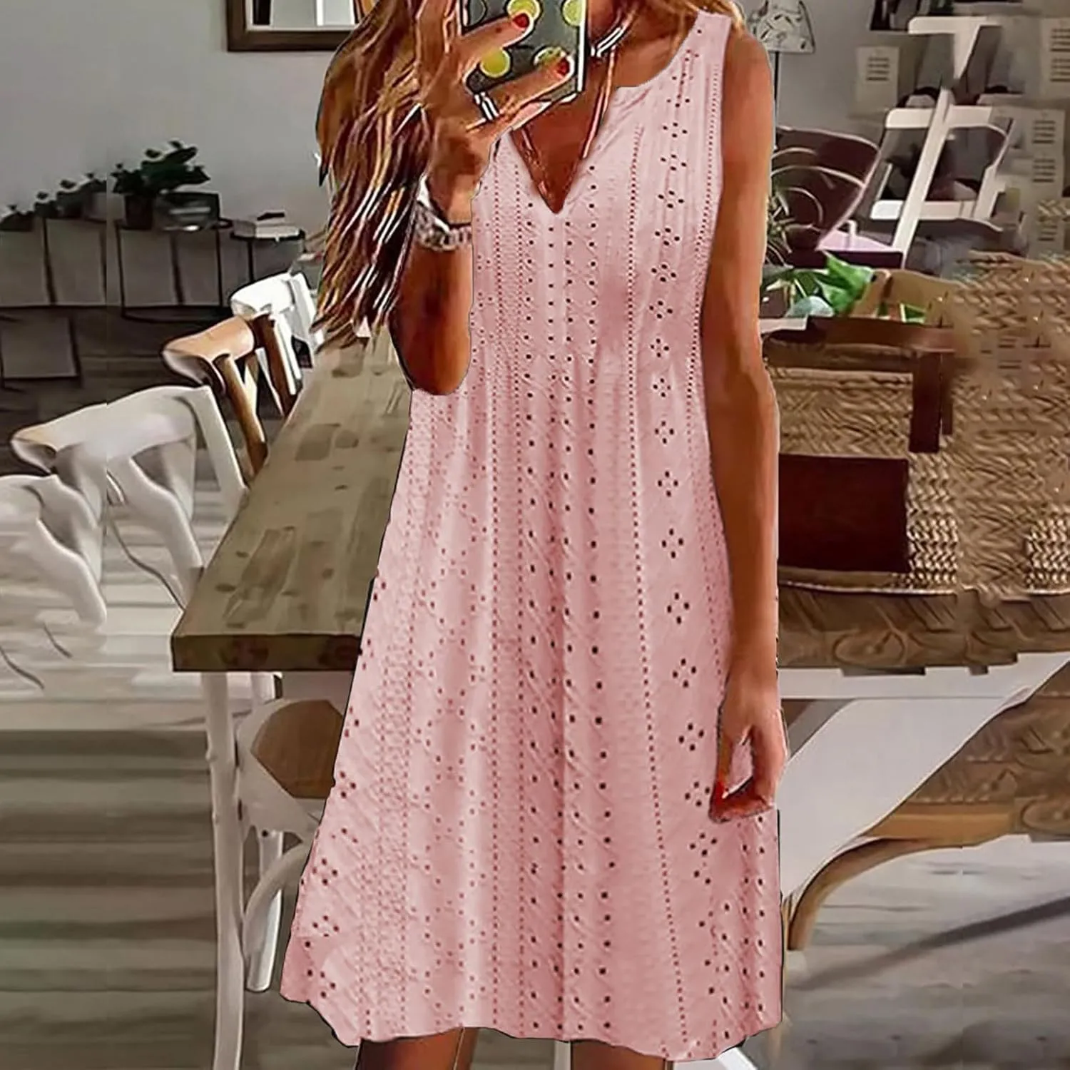 Plus Size Eyelet Dresses for Women Casual Loose Fit Summer Sleeveless v Neck Pleated Flowy Summer Midi Dress