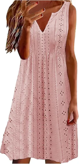 Plus Size Eyelet Dresses for Women Casual Loose Fit Summer Sleeveless v Neck Pleated Flowy Summer Midi Dress