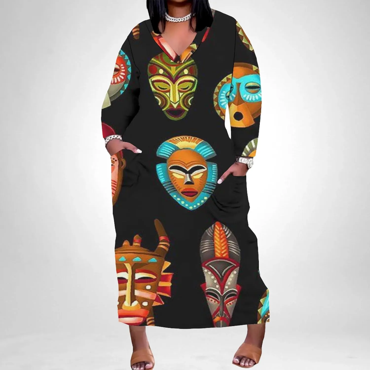 Plus Size Printed Tie Dye Maxi Dress for Curvy Women V Neck African Style Printed Maxi Dress Long Sleeves Pockets