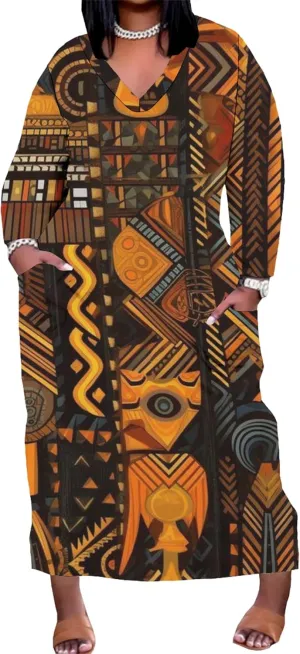 Plus Size Printed Tie Dye Maxi Dress for Curvy Women V Neck African Style Printed Maxi Dress Long Sleeves Pockets