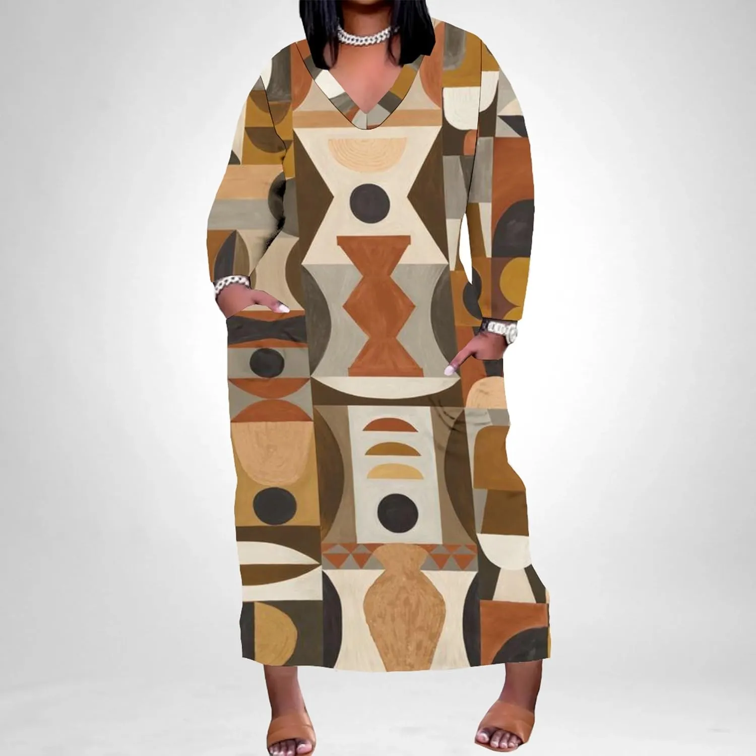 Plus Size Printed Tie Dye Maxi Dress for Curvy Women V Neck African Style Printed Maxi Dress Long Sleeves Pockets