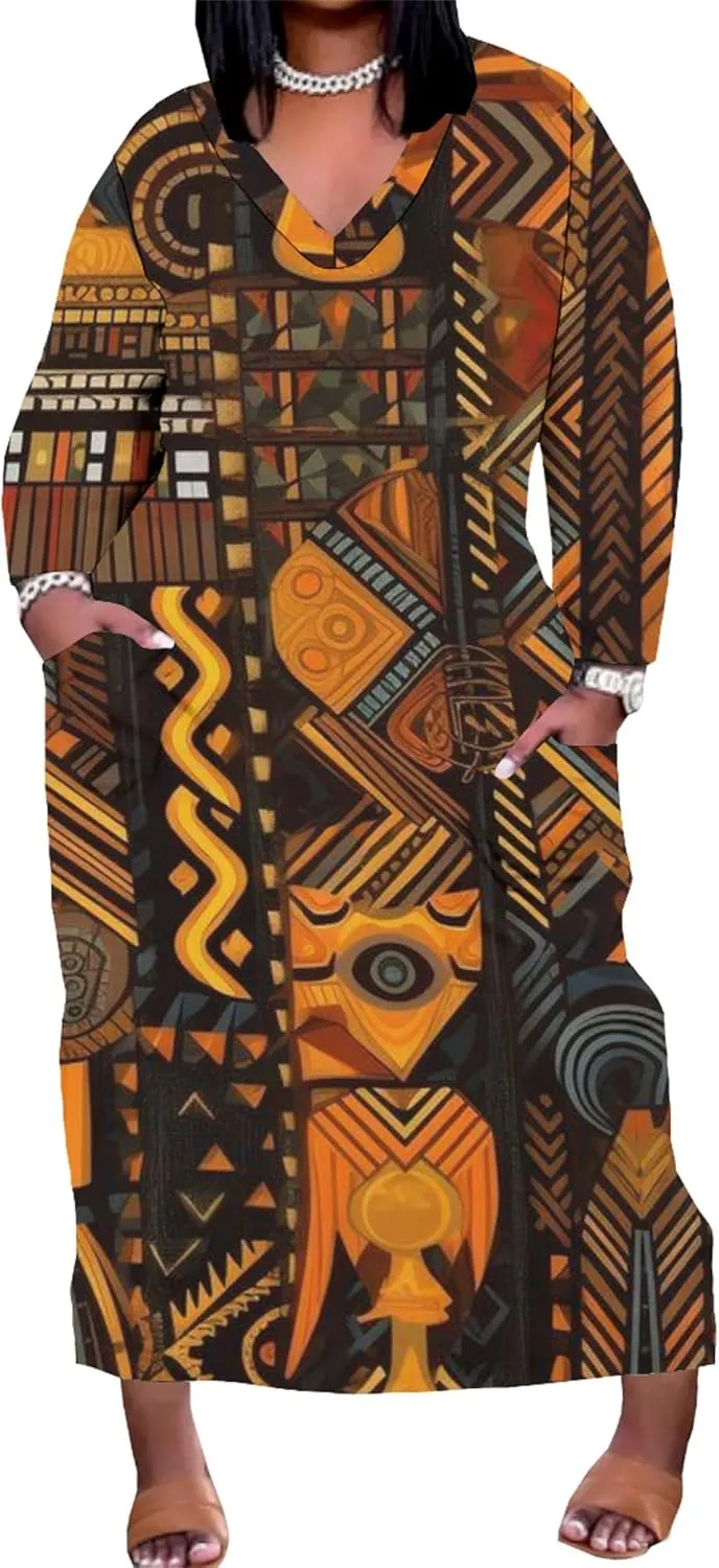 Plus Size Printed Tie Dye Maxi Dress for Curvy Women V Neck African Style Printed Maxi Dress Long Sleeves Pockets