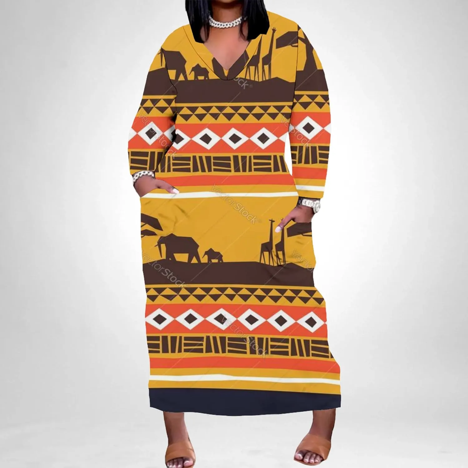 Plus Size Printed Tie Dye Maxi Dress for Curvy Women V Neck African Style Printed Maxi Dress Long Sleeves Pockets