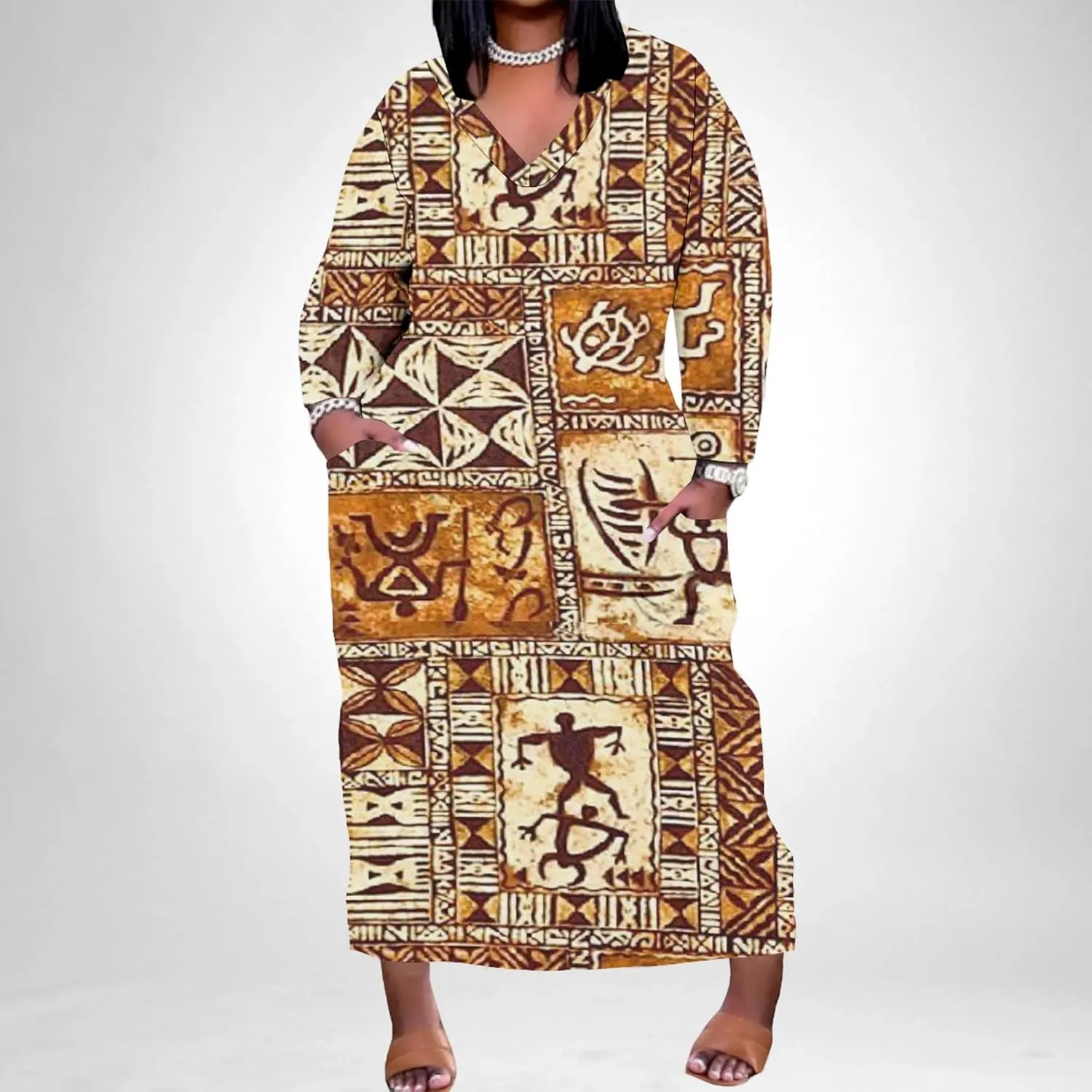 Plus Size Printed Tie Dye Maxi Dress for Curvy Women V Neck African Style Printed Maxi Dress Long Sleeves Pockets