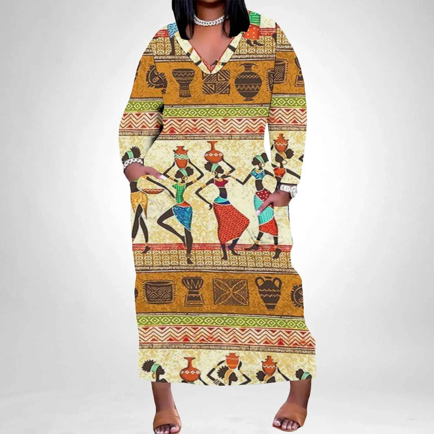 Plus Size Printed Tie Dye Maxi Dress for Curvy Women V Neck African Style Printed Maxi Dress Long Sleeves Pockets