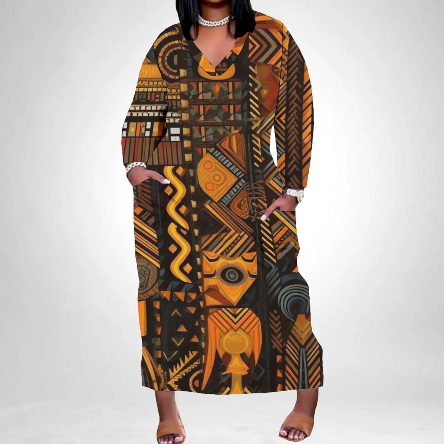 Plus Size Printed Tie Dye Maxi Dress for Curvy Women V Neck African Style Printed Maxi Dress Long Sleeves Pockets