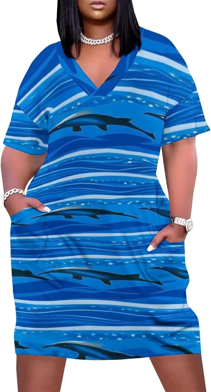 Plus Size Printed Tie-Dye Short Skirt for Curvy Women V Neck Bohemian Style Printed Short Skirt Short Sleeves Pockets