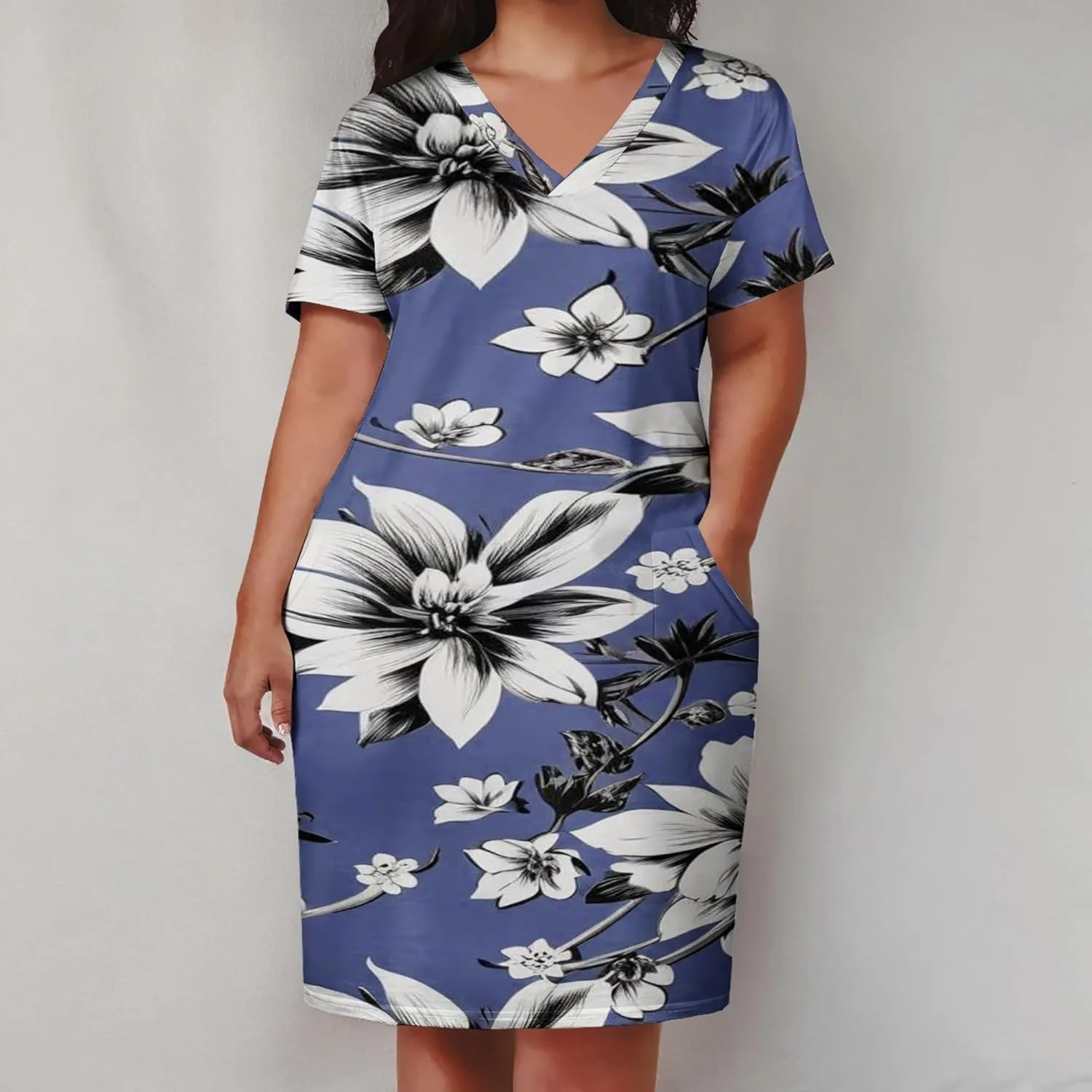 Plus Size Printed Tie-Dye Short Skirt for Curvy Women V Neck Bohemian Style Printed Short Skirt Short Sleeves Pockets