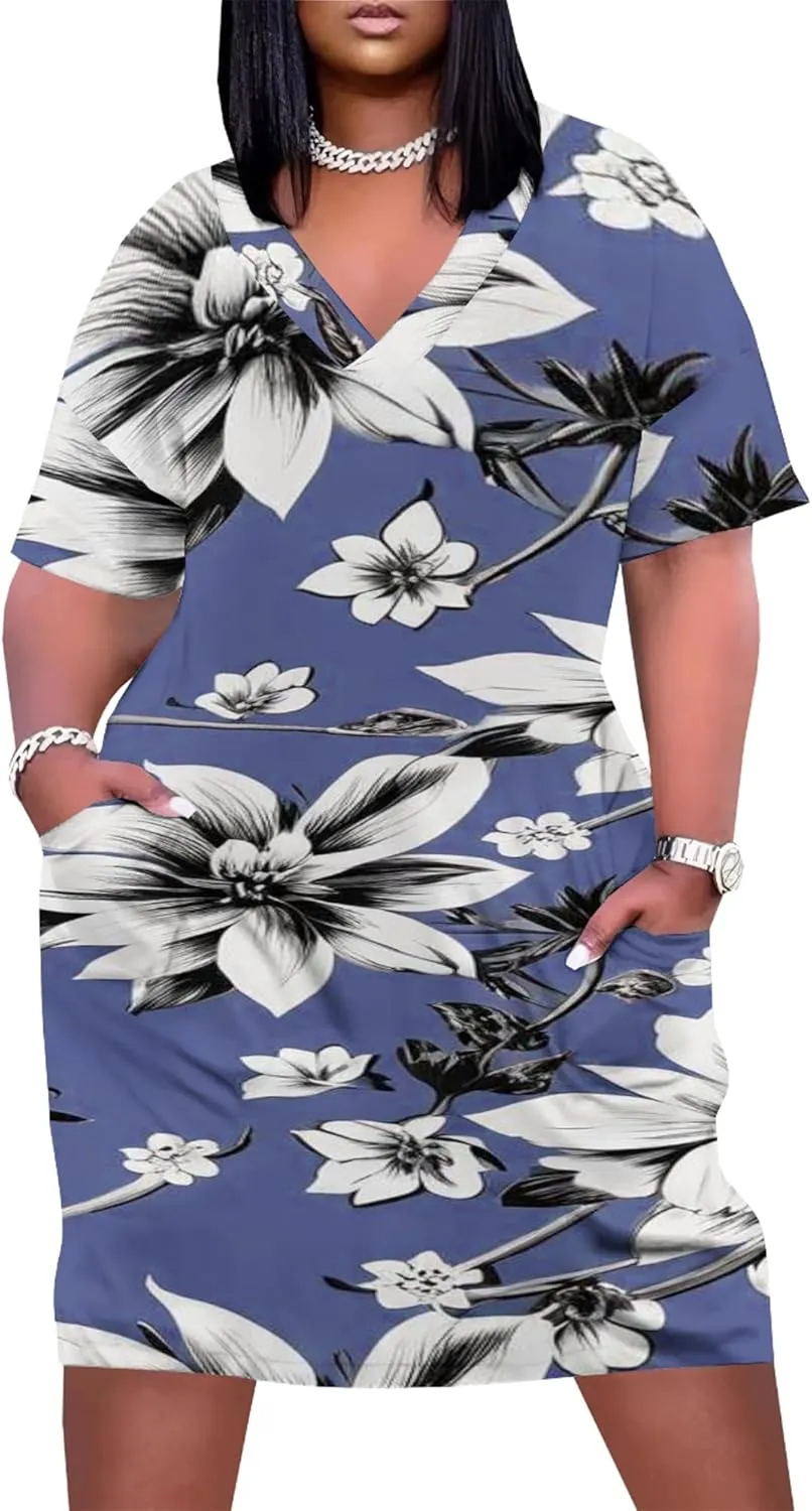 Plus Size Printed Tie-Dye Short Skirt for Curvy Women V Neck Bohemian Style Printed Short Skirt Short Sleeves Pockets