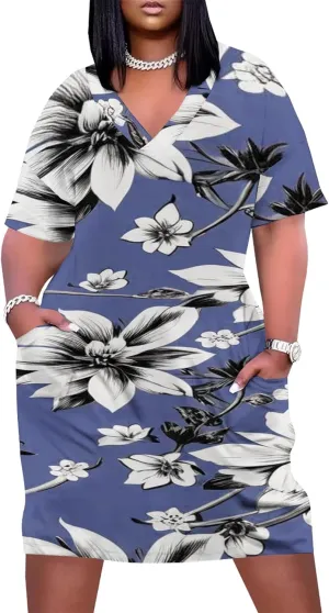 Plus Size Printed Tie-Dye Short Skirt for Curvy Women V Neck Bohemian Style Printed Short Skirt Short Sleeves Pockets
