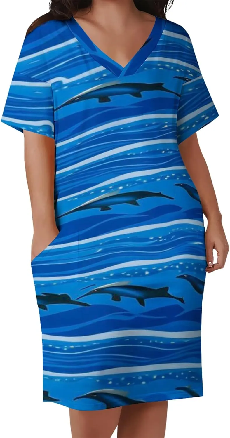 Plus Size Printed Tie-Dye Short Skirt for Curvy Women V Neck Bohemian Style Printed Short Skirt Short Sleeves Pockets