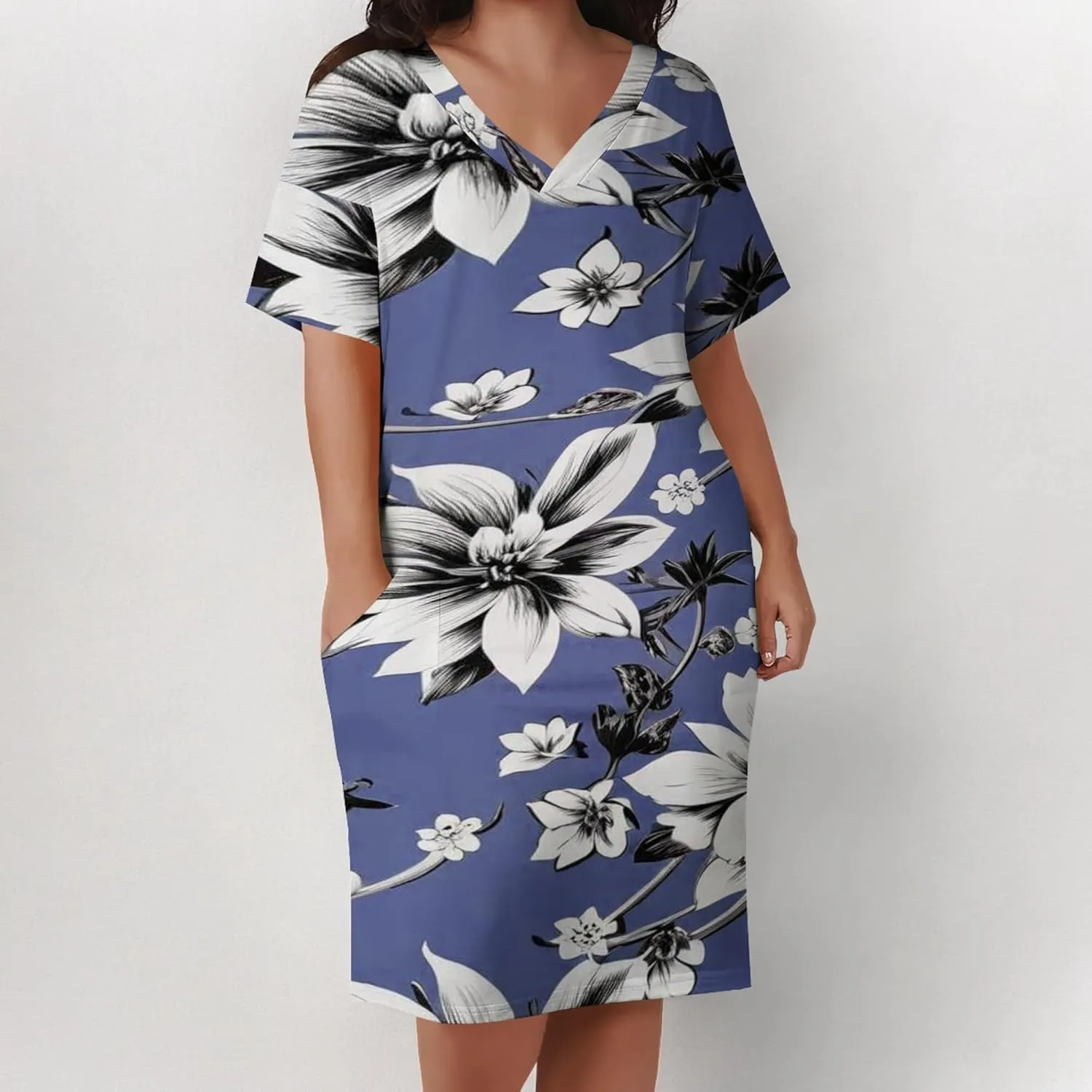 Plus Size Printed Tie-Dye Short Skirt for Curvy Women V Neck Bohemian Style Printed Short Skirt Short Sleeves Pockets