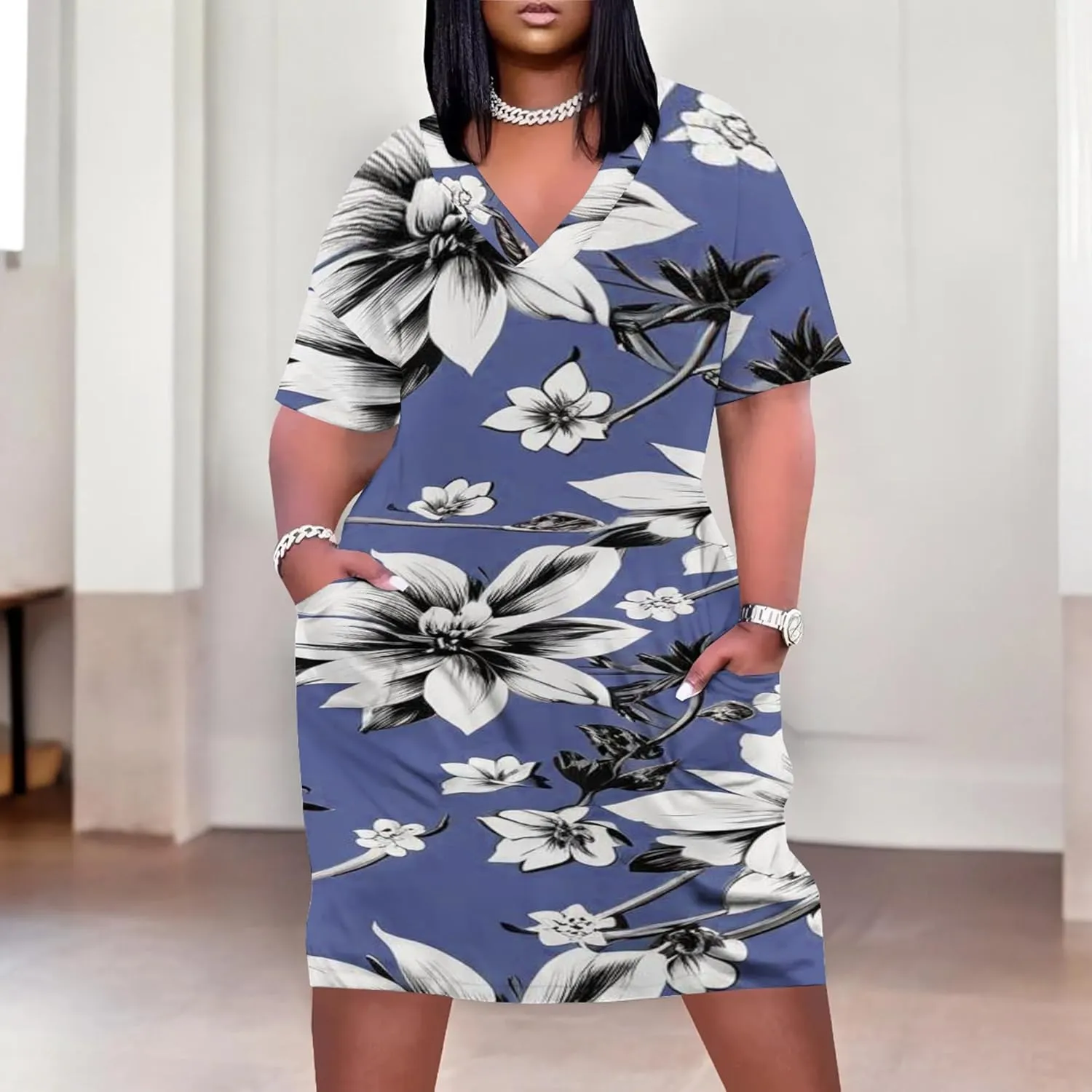 Plus Size Printed Tie-Dye Short Skirt for Curvy Women V Neck Bohemian Style Printed Short Skirt Short Sleeves Pockets
