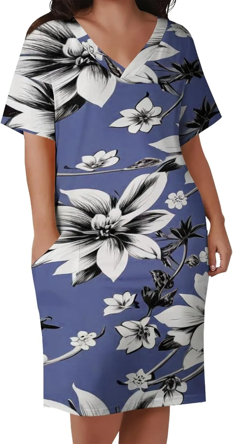 Plus Size Printed Tie-Dye Short Skirt for Curvy Women V Neck Bohemian Style Printed Short Skirt Short Sleeves Pockets