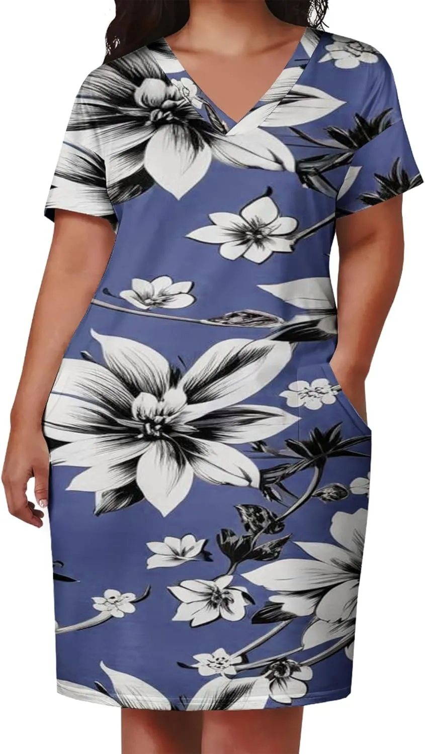Plus Size Printed Tie-Dye Short Skirt for Curvy Women V Neck Bohemian Style Printed Short Skirt Short Sleeves Pockets