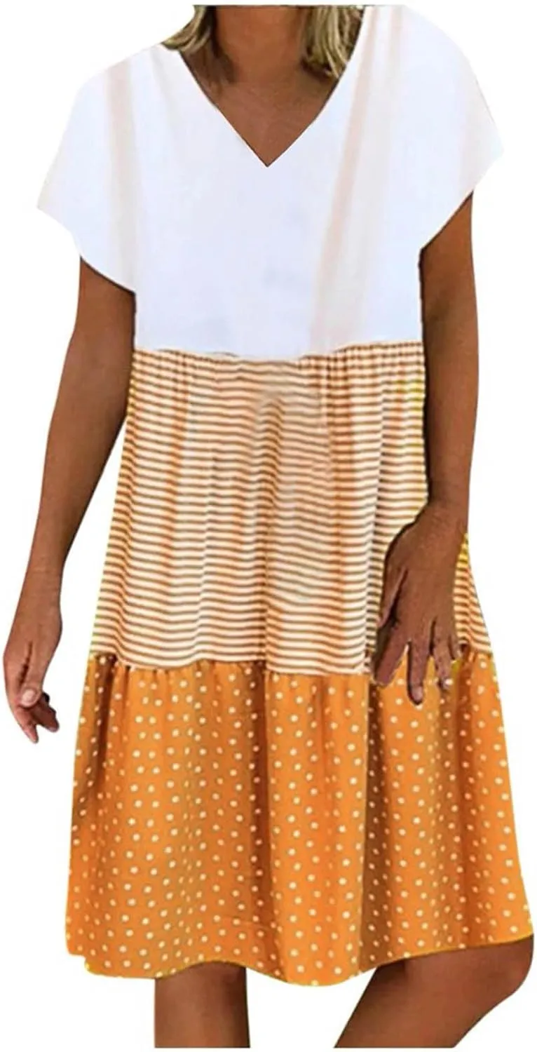 Plus Size Women Summer Midi Dress Casual V-Neck Short Sleeve Striped Polka Dot Color Block Beach Dresses
