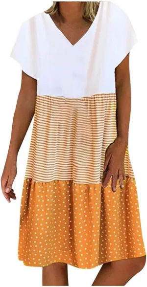 Plus Size Women Summer Midi Dress Casual V-Neck Short Sleeve Striped Polka Dot Color Block Beach Dresses