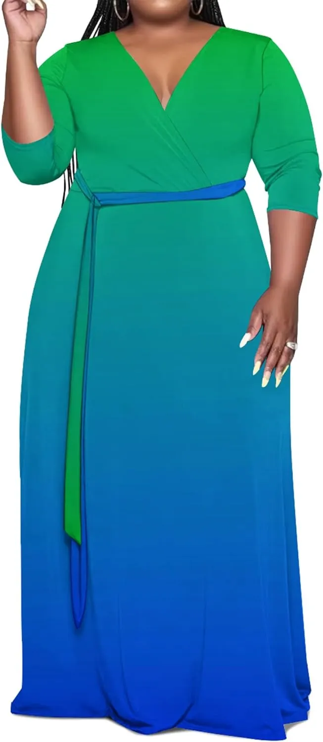 Plus Size Women's Maxi Dress Ombre Casual Maxi Dress Flowing V Neck 3/4 Sleeve Bohemian Fashion Sexy Dress with Belt