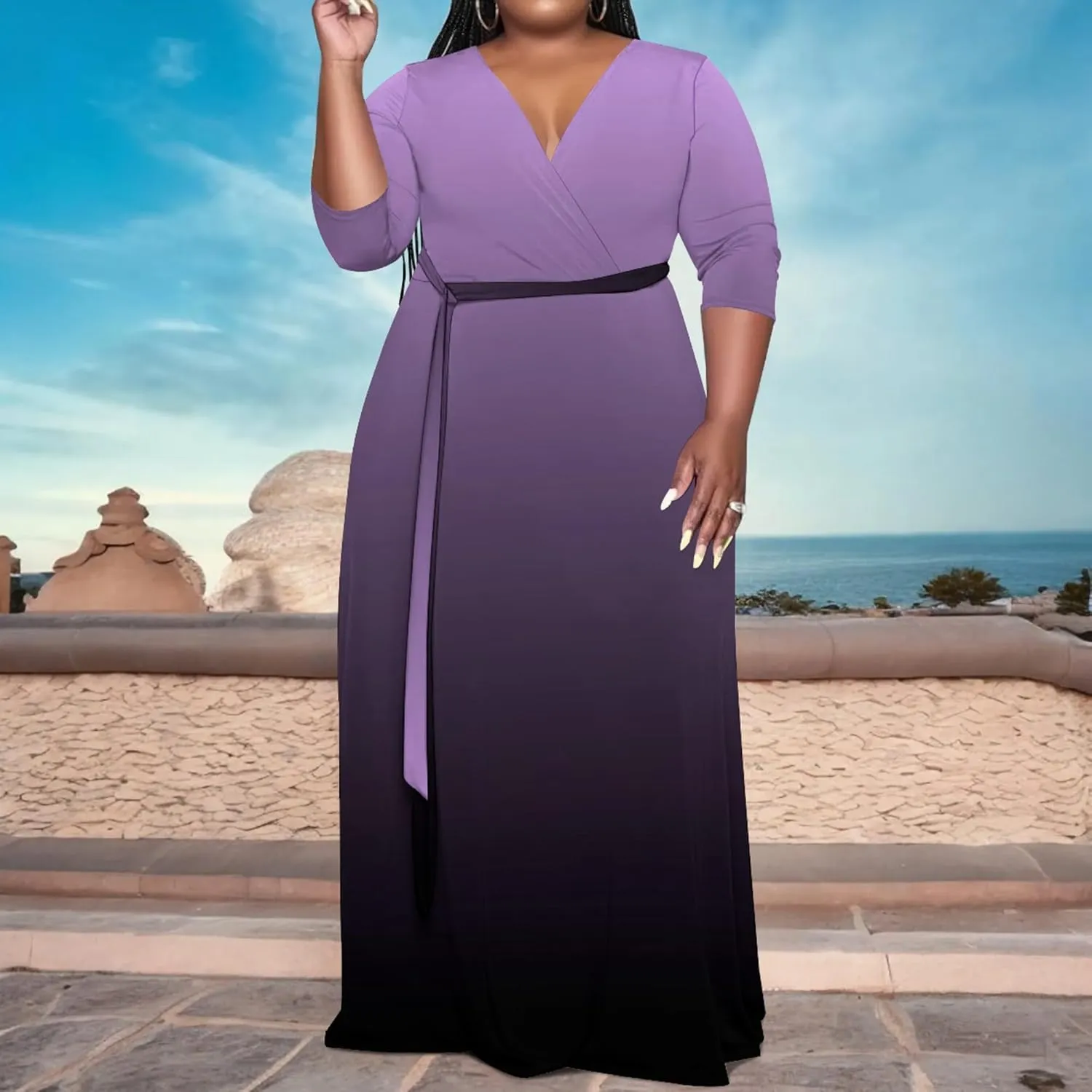 Plus Size Women's Maxi Dress Ombre Casual Maxi Dress Flowing V Neck 3/4 Sleeve Bohemian Fashion Sexy Dress with Belt