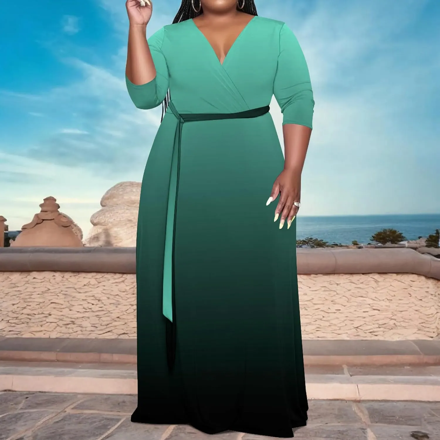 Plus Size Women's Maxi Dress Ombre Casual Maxi Dress Flowing V Neck 3/4 Sleeve Bohemian Fashion Sexy Dress with Belt
