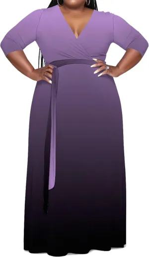 Plus Size Women's Maxi Dress Ombre Casual Maxi Dress Flowing V Neck 3/4 Sleeve Bohemian Fashion Sexy Dress with Belt