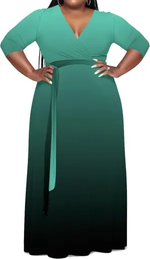 Plus Size Women's Maxi Dress Ombre Casual Maxi Dress Flowing V Neck 3/4 Sleeve Bohemian Fashion Sexy Dress with Belt