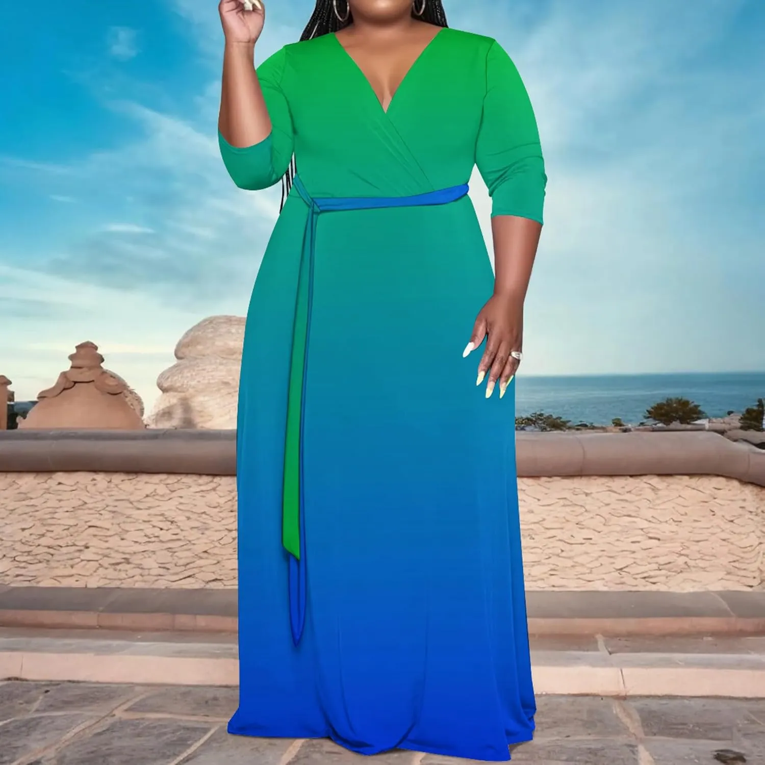 Plus Size Women's Maxi Dress Ombre Casual Maxi Dress Flowing V Neck 3/4 Sleeve Bohemian Fashion Sexy Dress with Belt