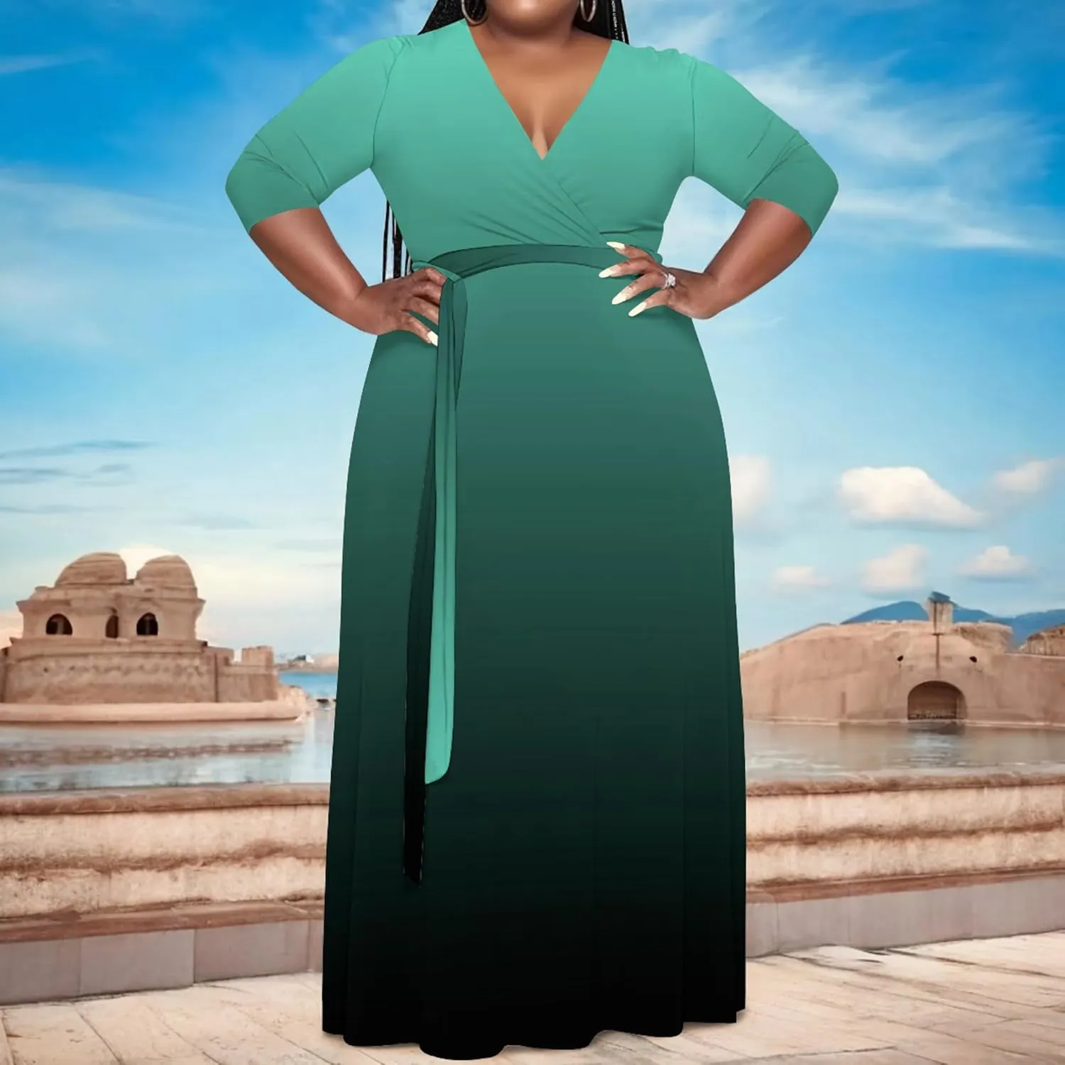 Plus Size Women's Maxi Dress Ombre Casual Maxi Dress Flowing V Neck 3/4 Sleeve Bohemian Fashion Sexy Dress with Belt